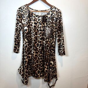 Leopard Print Tunic Glitter Pocket Women's Size Large Animal Print Jungle Party